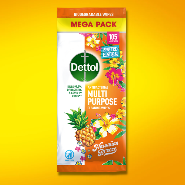 Dettol Hawaiian Breeze wipes with orange background 