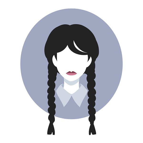 cartoon of wednesday addams with black pigtails 